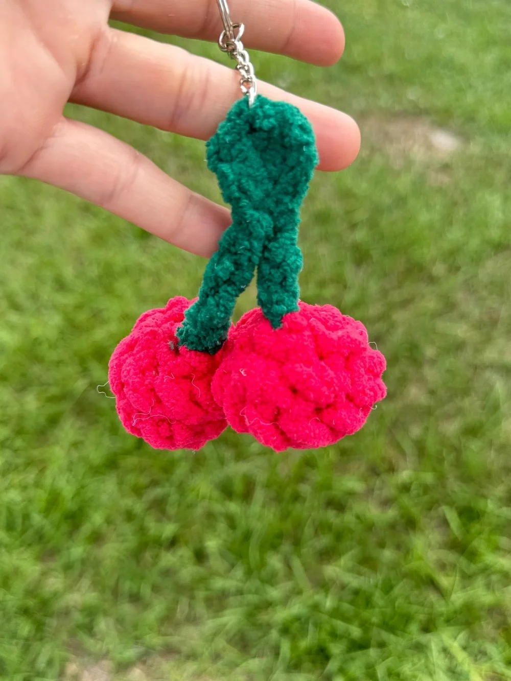 Handmade Crochet Cherry Keychain – Chenille Yarn Bag Charm